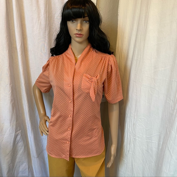 Vintage 70’s Stoplight of California Peach Polka-Dot Button Down Blouse - M - Picture 10 of 12